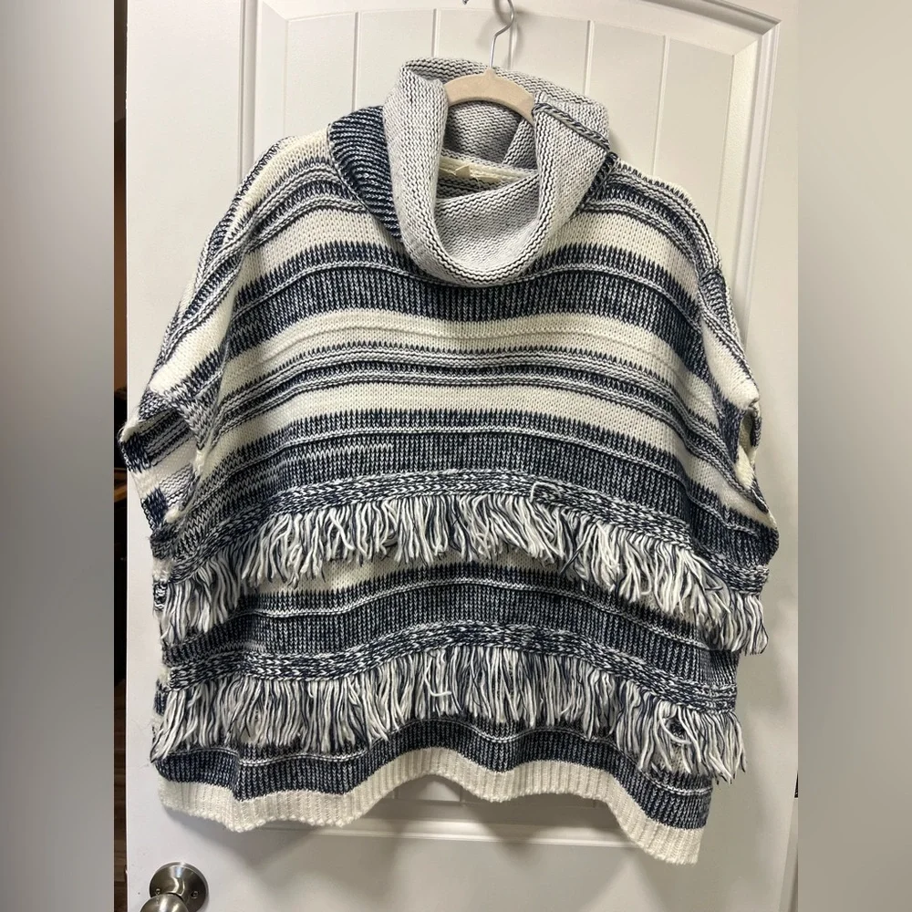 One size fits most -Linda Anderson striped cowl neck sweater poncho with fringe